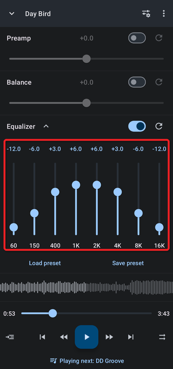 Equalizer with the outer bands lowered and the middle bands raised