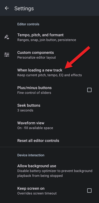 Settings with an arrow pointing at When loading a new track