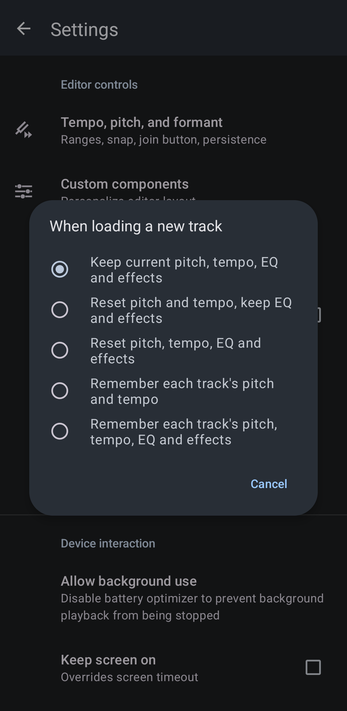 When loading a new track dialog with five options