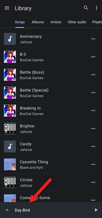 Library with an arrow pointing at the mini player