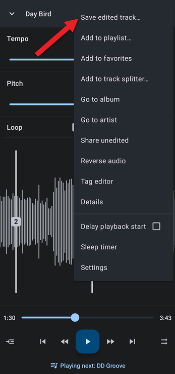 Editor menu with an arrow pointing at Save edited track