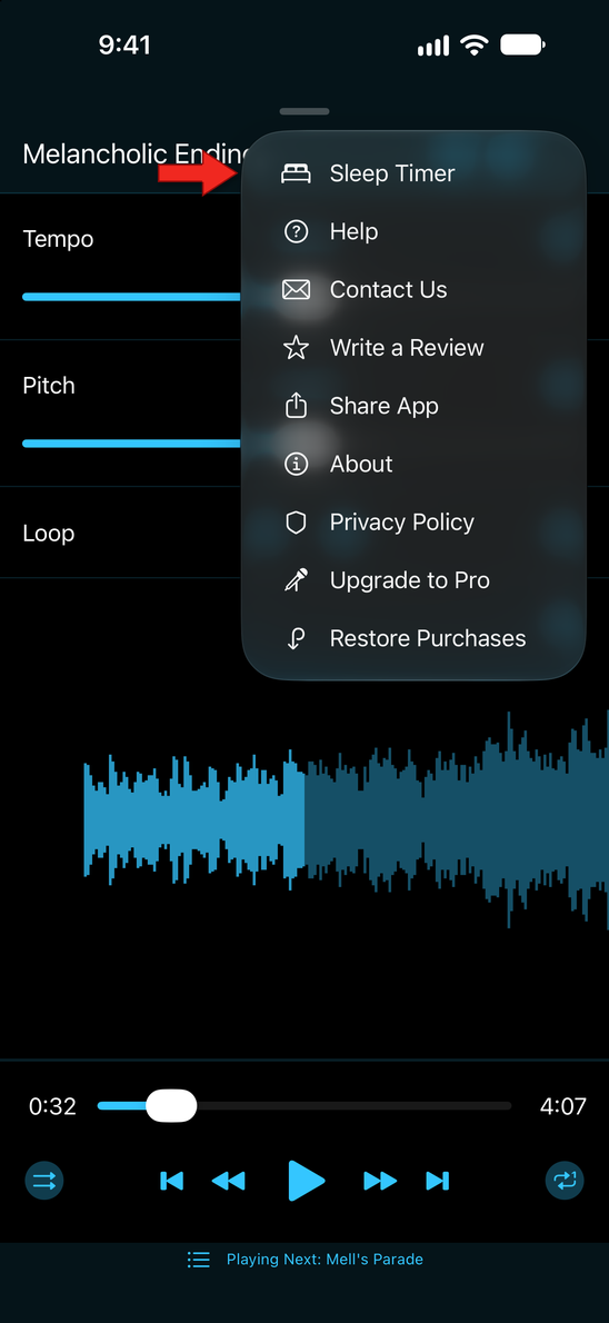 Sleep Timer in the options menu