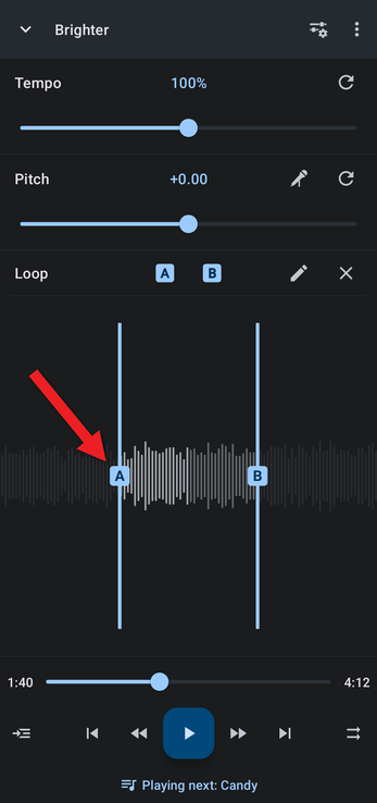 Waveform with the A and B loop points marked