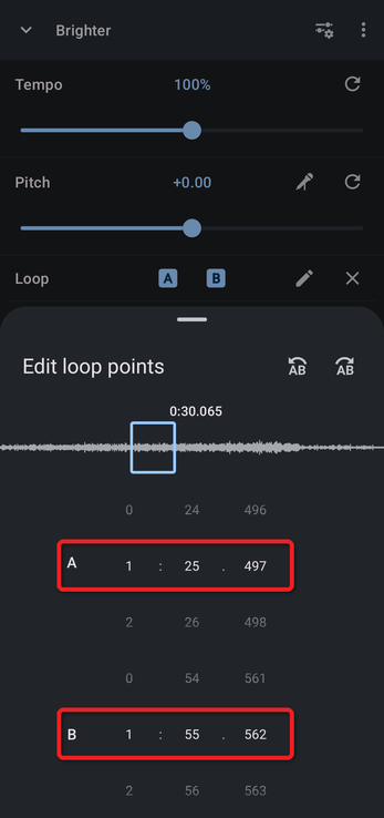 Edit loop points with the A and B time rows outlined