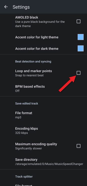 Settings with an arrow pointing at the Loop and marker points checkbox