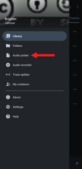 App menu with an arrow pointing at Audio picker
