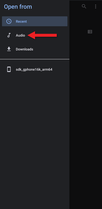 File picker location list with an arrow pointing at Audio