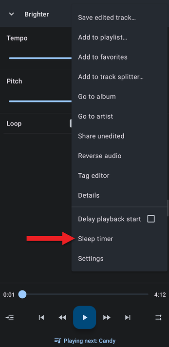 Editor menu with an arrow pointing at Sleep timer
