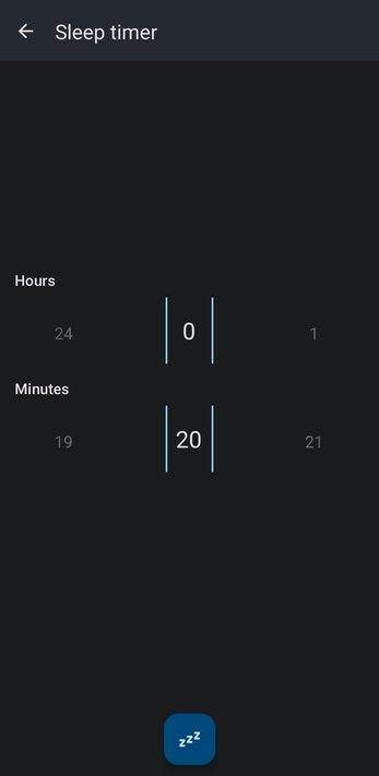 Sleep timer screen with the Hours and Minutes wheels