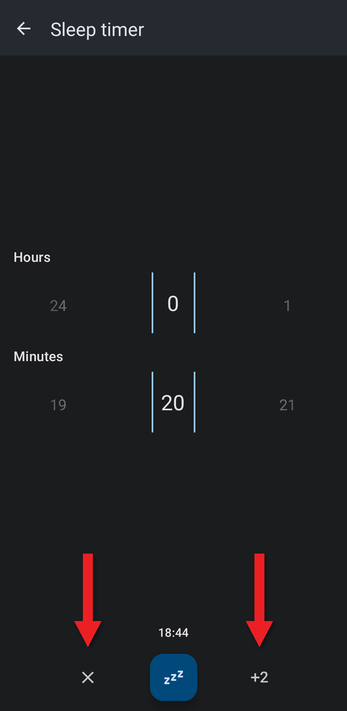 Running sleep timer with arrows pointing at the cancel and add 2 minutes buttons