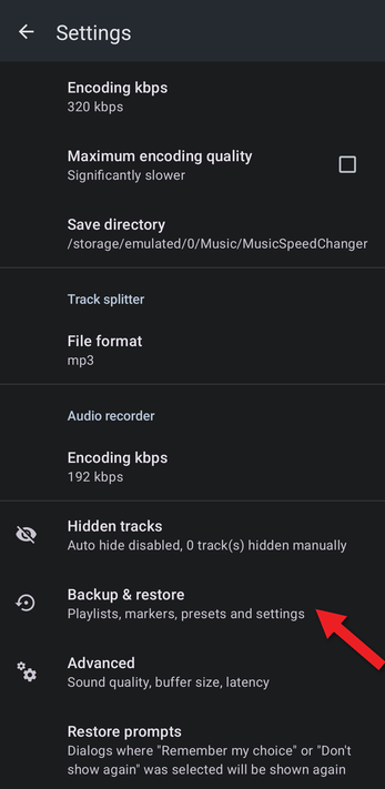 Settings with an arrow pointing at Backup & restore