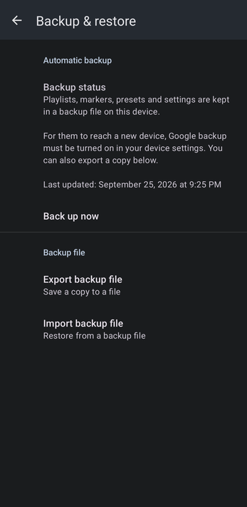 Backup & restore screen