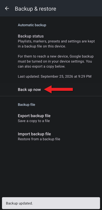Arrow pointing at Back up now, with the message Backup updated