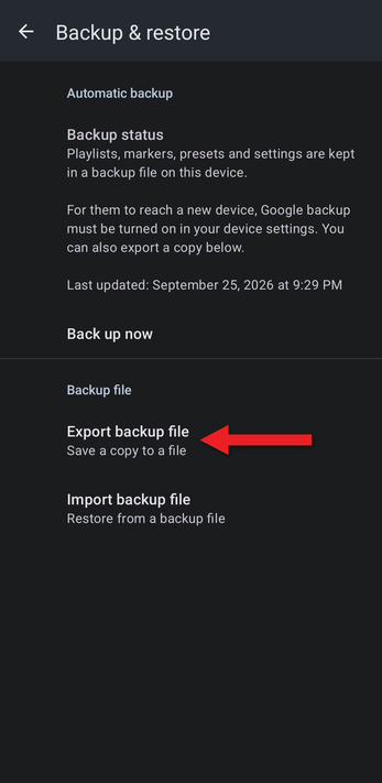 Arrow pointing at Export backup file