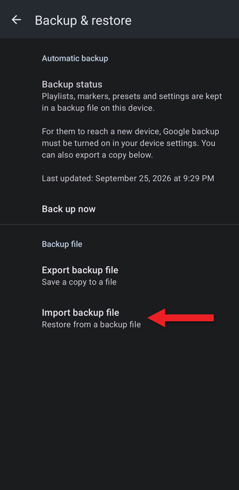 Arrow pointing at Import backup file