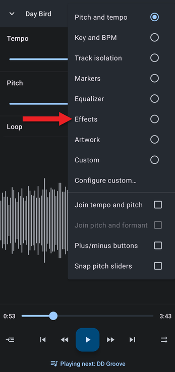 Editor components menu with an arrow pointing at Effects