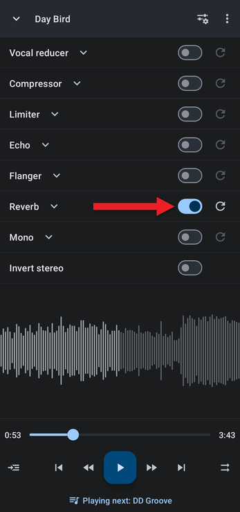 Arrow pointing at the Reverb switch