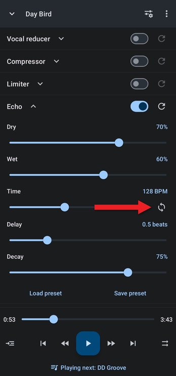 Echo settings with an arrow pointing at the sync button