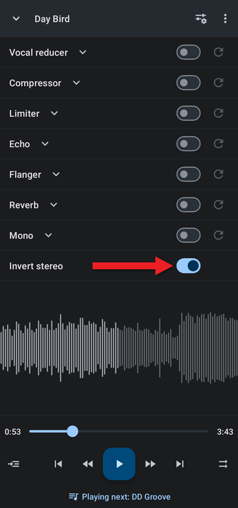 Arrow pointing at the Invert stereo switch