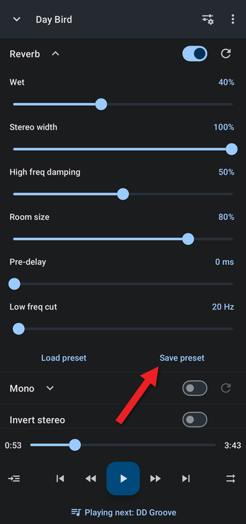 Arrow pointing at Save preset under the Reverb settings