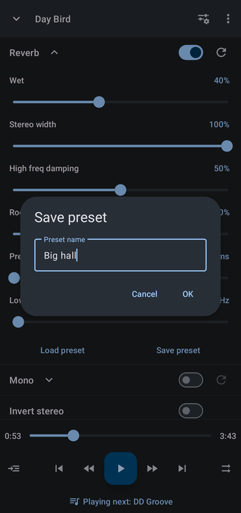 Save preset dialog with a preset name typed