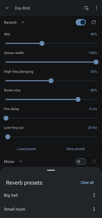 List of saved reverb presets