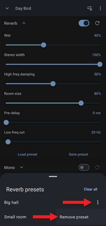 Preset menu with an arrow pointing at Remove preset