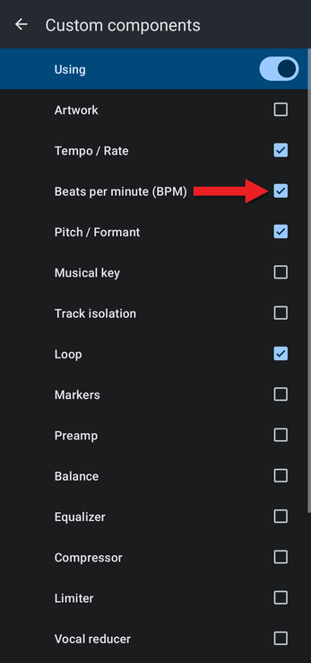 Custom components screen with an arrow pointing at Beats per minute (BPM)