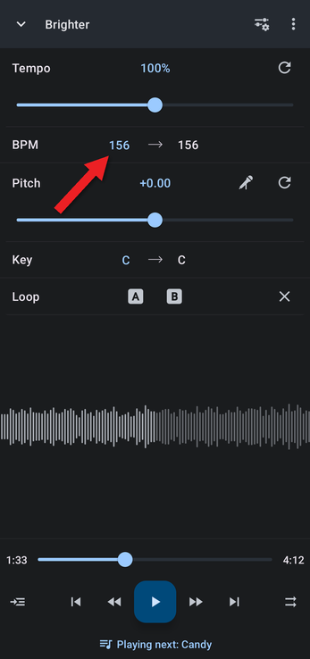 BPM row with an arrow pointing at the detected BPM