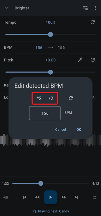 Edit detected BPM dialog with the times two and divide by two buttons outlined