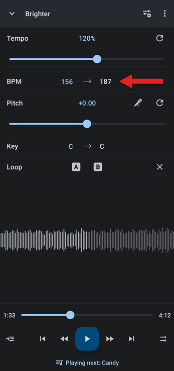Tempo at 120 percent with an arrow pointing at the adjusted BPM