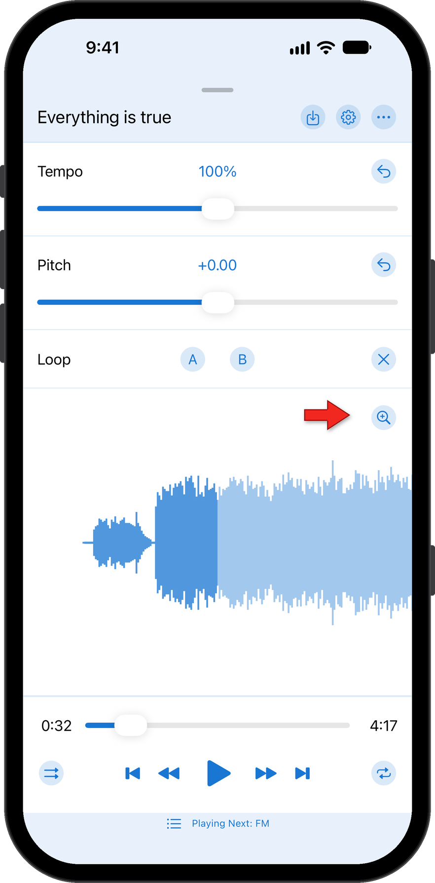 Location of the zoom button on the waveform