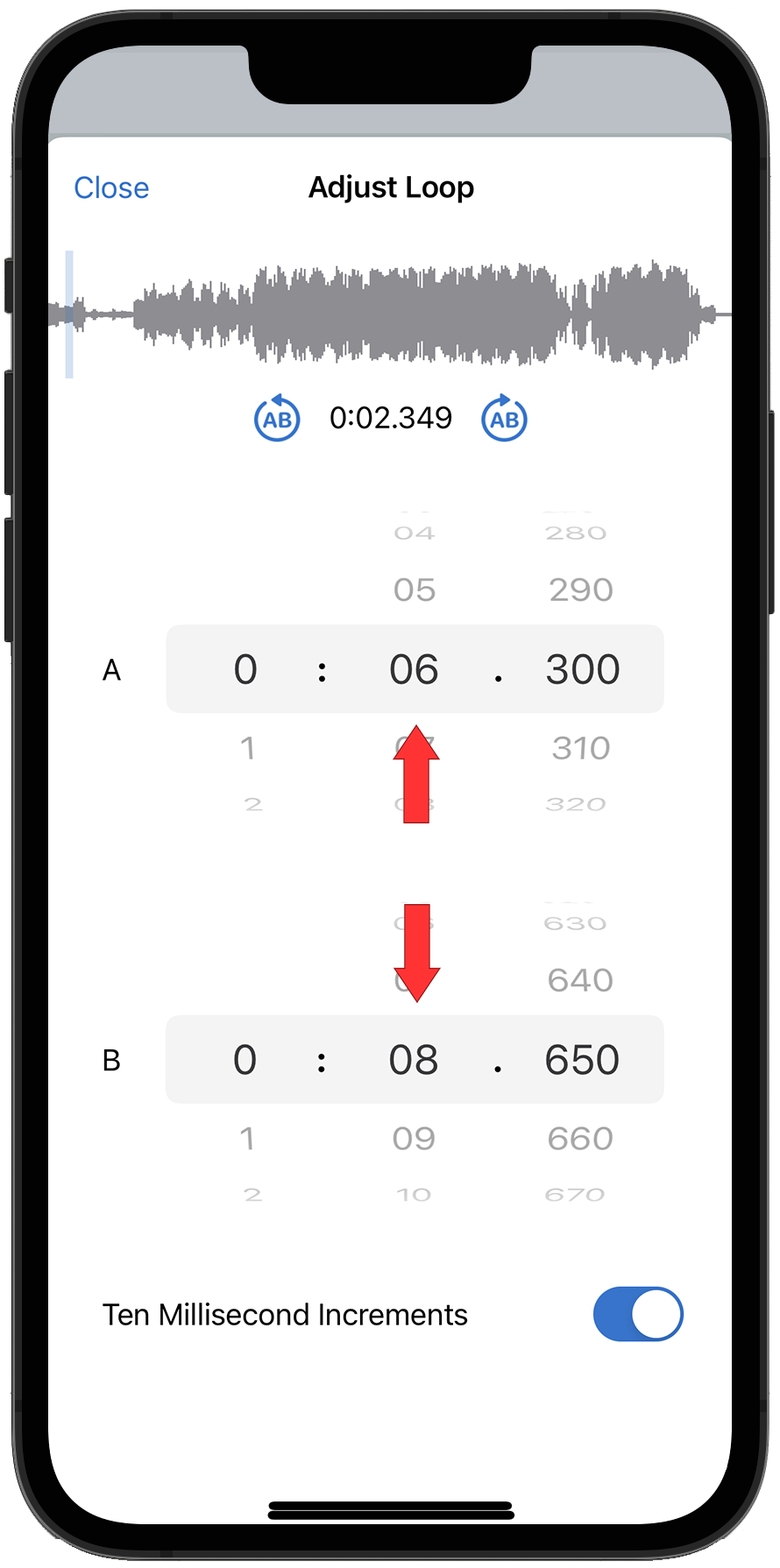 Using wheel pickers to precisely set the position of the loop
