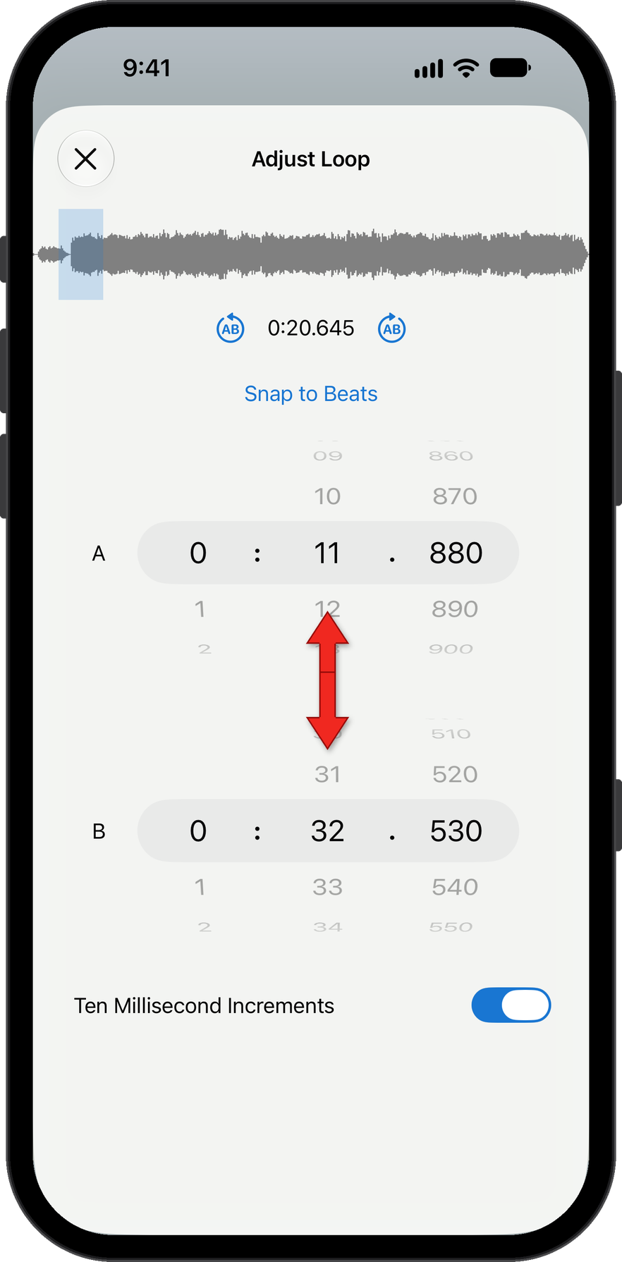 Using wheel pickers to precisely set the position of the loop