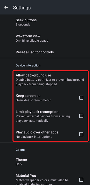 Settings with the Device interaction section outlined