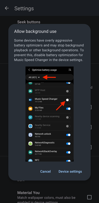 Allow background use dialog with Cancel and Device settings buttons