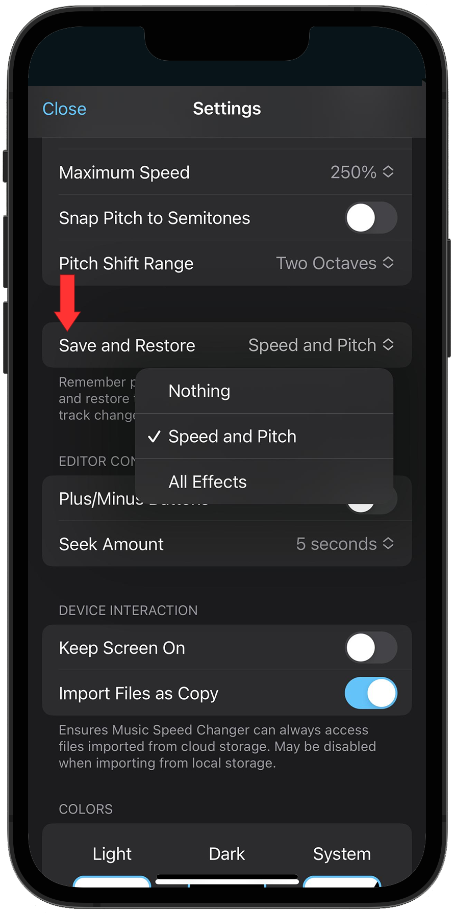 Save and Restore in Settings