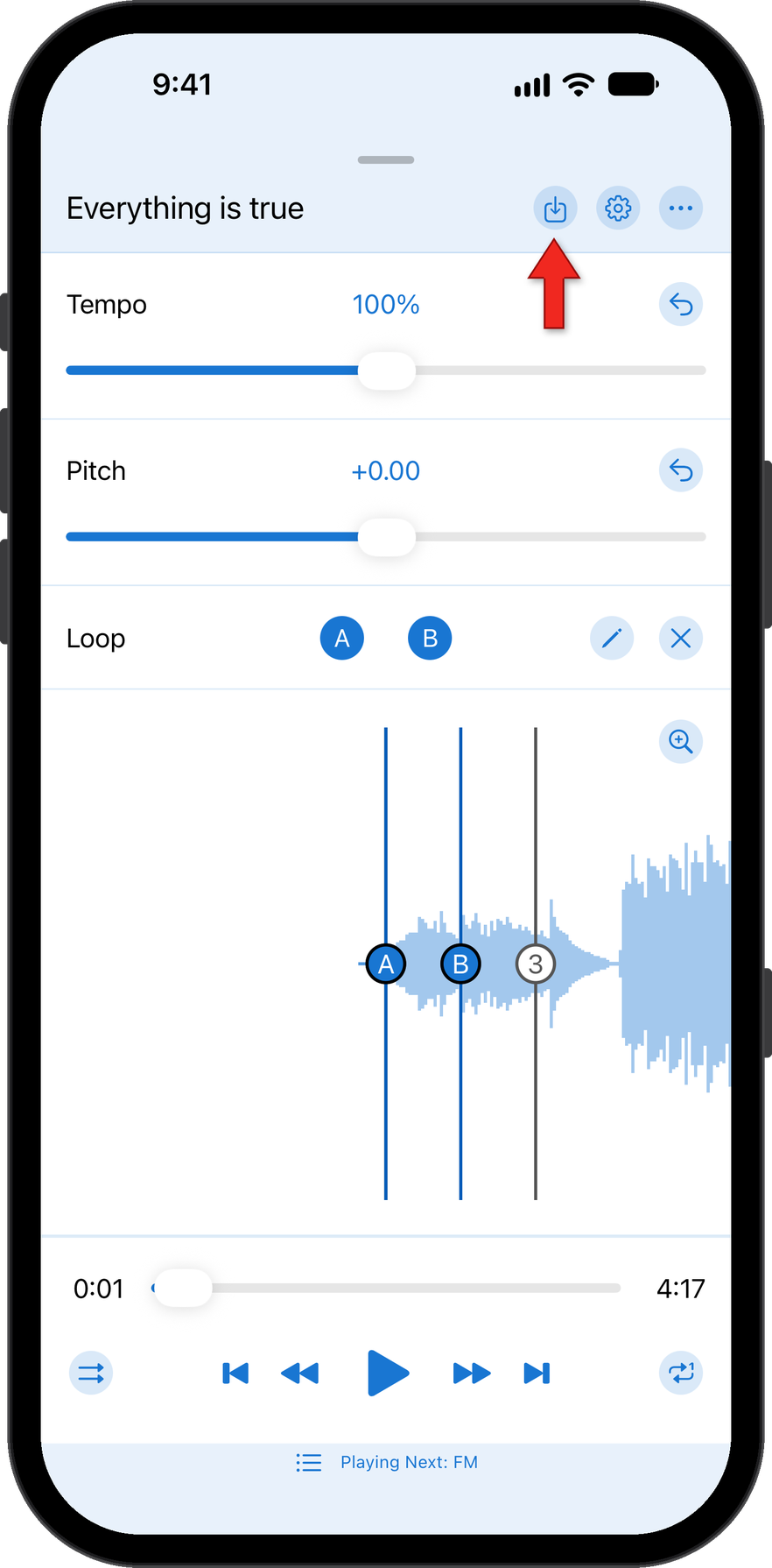 Save audio from Music Speed Changer app editor