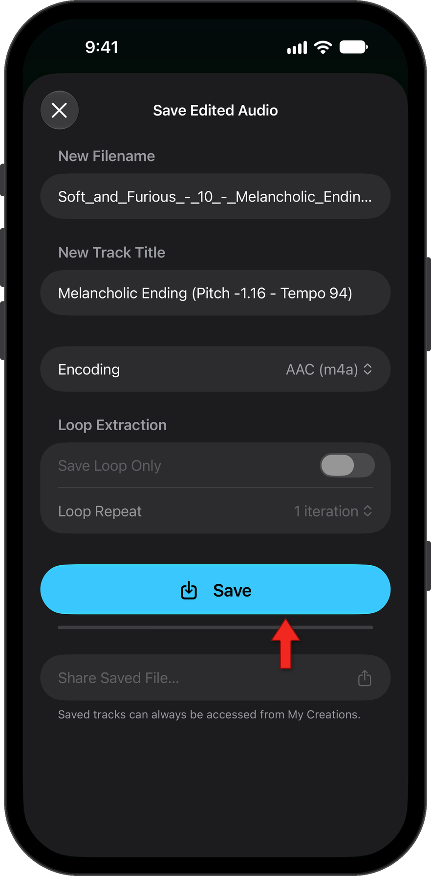 Choose name for the title and file, and tap save