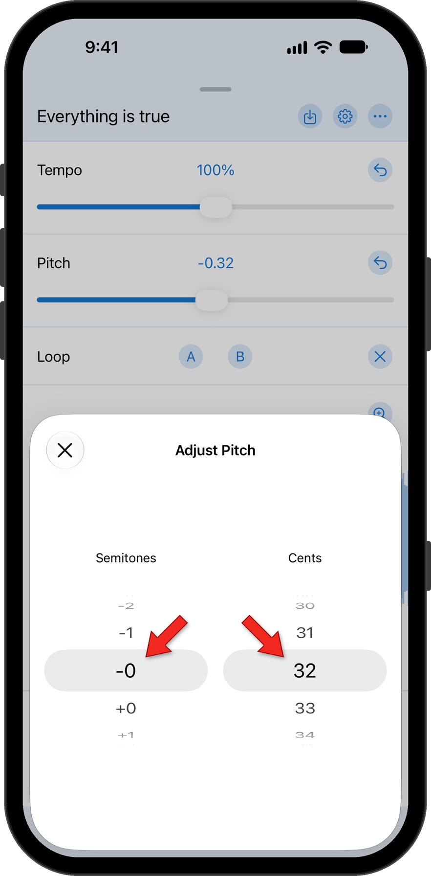 Use the picker wheel to adjust the pitch value