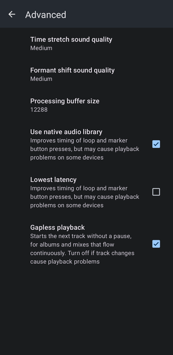 Advanced settings screen