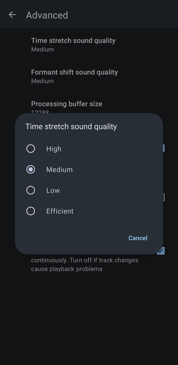 Time stretch sound quality options: High, Medium, Low and Efficient