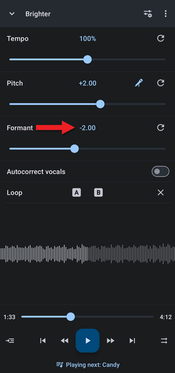Formant slider shown after turning off Autocorrect vocals, with an arrow pointing at the formant value