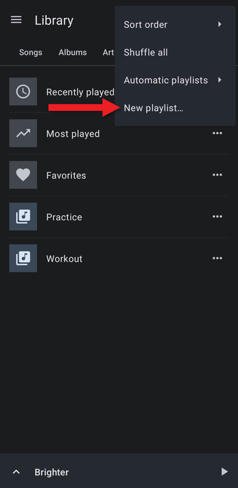 Playlists menu with an arrow pointing at New playlist