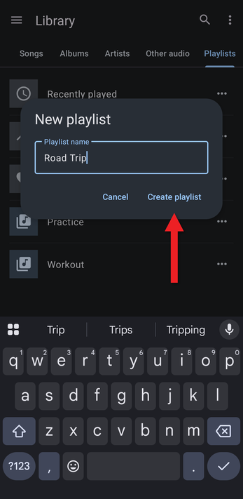 New playlist dialog with a name typed