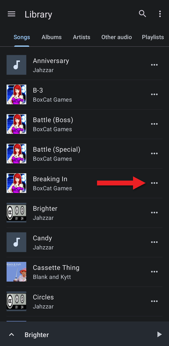 Songs tab with an arrow pointing at a song's menu button
