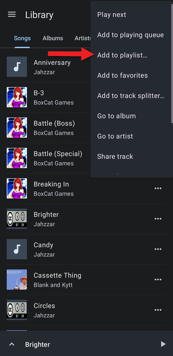 Song menu with an arrow pointing at Add to playlist