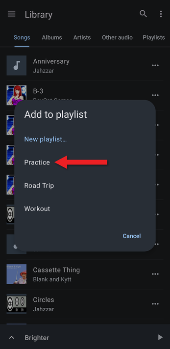Add to playlist dialog with an arrow pointing at a playlist