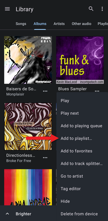 Album menu with an arrow pointing at Add to playlist