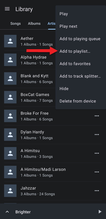 Artist menu with an arrow pointing at Add to playlist